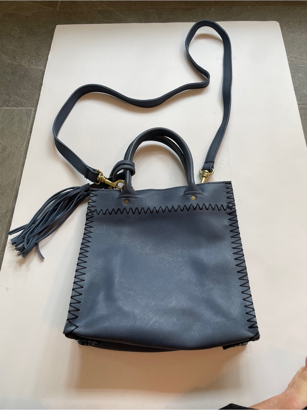 Raven + Lily Navy Leather Mini Mara  Crossbody Bag with Tassel